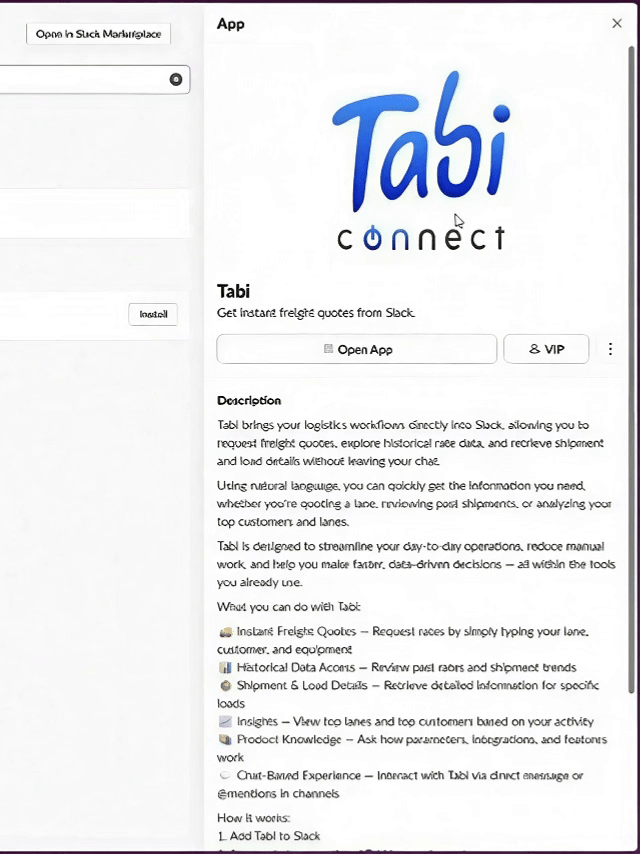 Tabi Connect pricing a live freight lane inside the platform